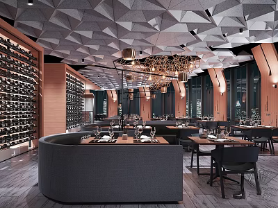 Modern Restaurant Interior With Geometric Ceiling Wine Rack Wall Chandeliers And Dining Tables 3d model