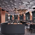 Modern Restaurant Interior With Geometric Ceiling Wine Rack Wall Chandeliers And Dining Tables 3d model