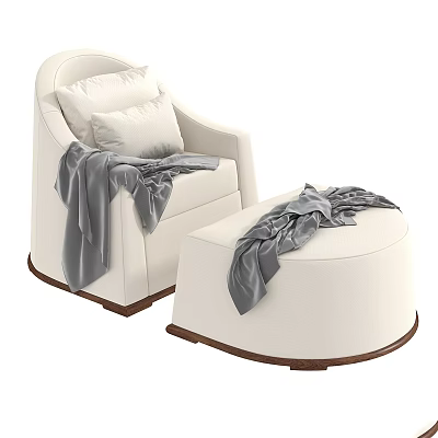 Cozy White Upholstered Lounge Chair and Ottoman With Gray Throw and Pillows 3d model