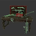 Wooden Workbench Featuring Assorted Weapons Tools Gun And Toolbox Equipment