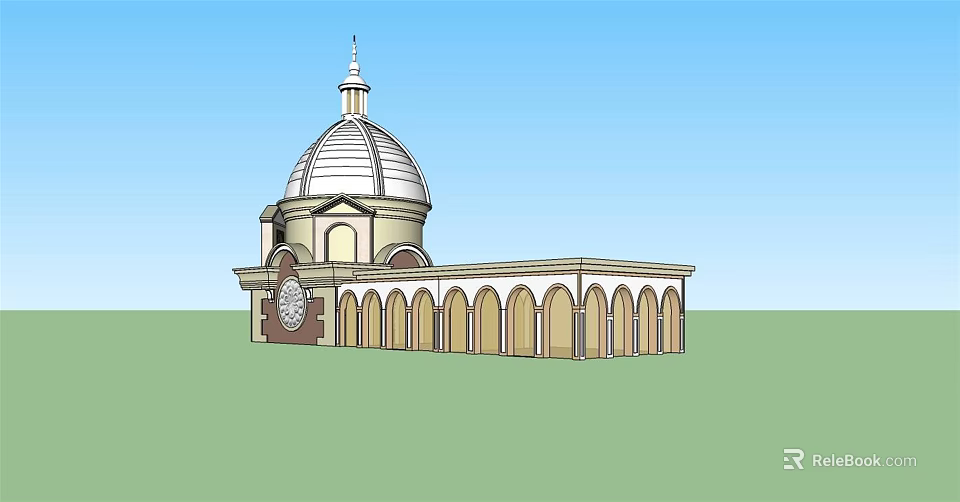 Classical Tower With Dome Structure Arched Windows And Clock On Green Field Under Blue Sky 3d model 