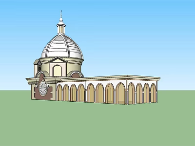 Classical Tower With Dome Structure Arched Windows And Clock On Green Field Under Blue Sky 3d model