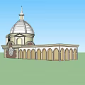 Classical Tower With Dome Structure Arched Windows And Clock On Green Field Under Blue Sky