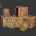 Natural Wood Boxes Stacked with Blue Hoop Barrels and Wooden Storage Containers