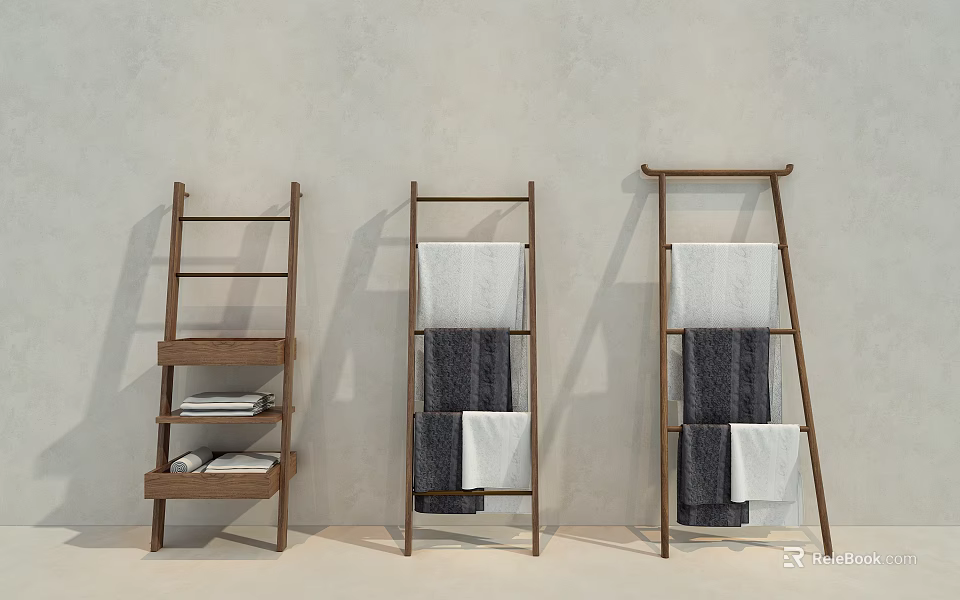 Wooden Bathroom Ladder Shelves with Hanging Towels and Folded Linens for Modern Storage 3d model 