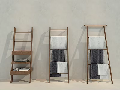 Wooden Bathroom Ladder Shelves with Hanging Towels and Folded Linens for Modern Storage 3d model