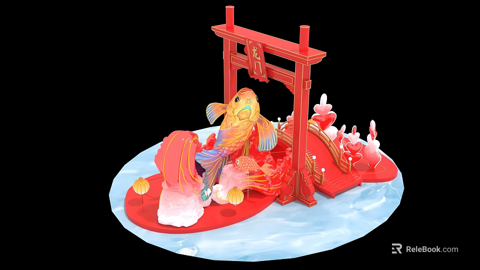 Traditional Chinese Photo Check in Spot With Red Archway Golden Fish Red Bridge And Lanterns 3d model 