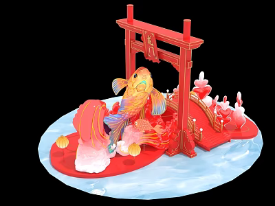 Traditional Chinese Photo Check in Spot With Red Archway Golden Fish Red Bridge And Lanterns 3d model