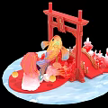 Traditional Chinese Photo Check in Spot With Red Archway Golden Fish Red Bridge And Lanterns