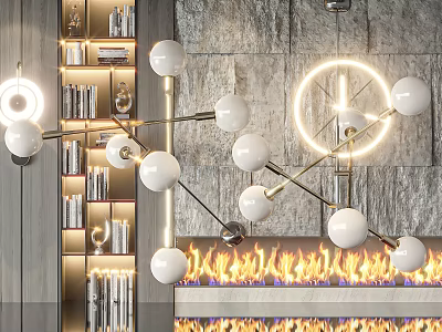 Contemporary Spherical Chandelier In Modern Living Room With Stone Wall Bookshelves And Fireplace Flames 3d model