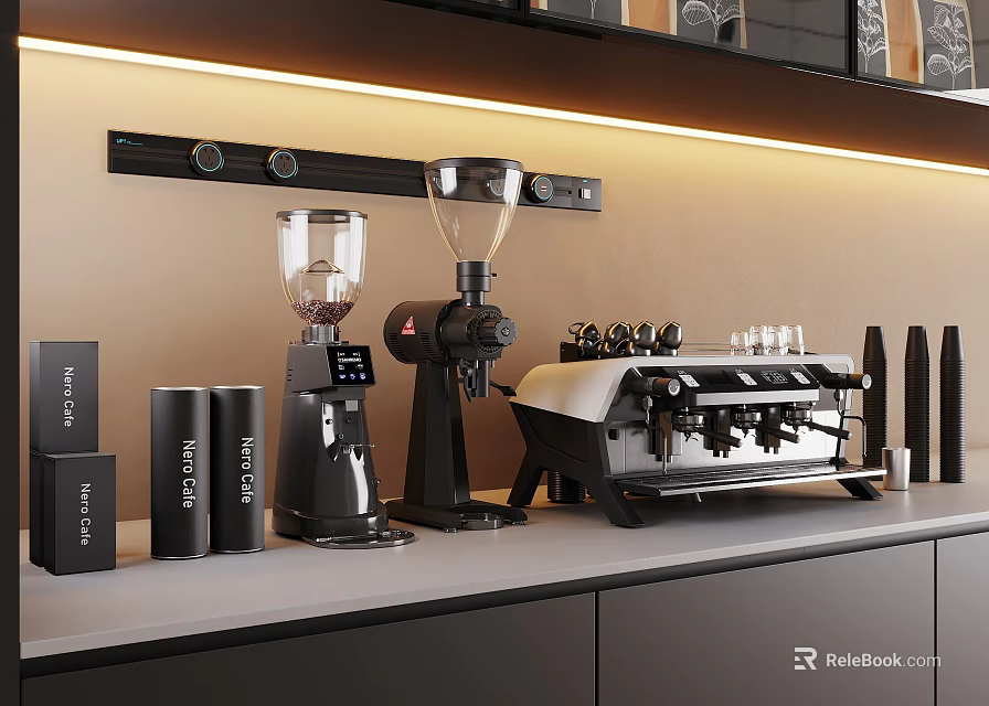 Modern Kitchen Appliances Coffee Machine Grinder And Storage Tins With Warm Lighting 3d model 