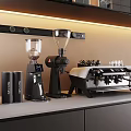 Modern Kitchen Appliances Coffee Machine Grinder And Storage Tins With Warm Lighting