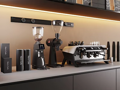 Modern Kitchen Appliances Coffee Machine Grinder And Storage Tins With Warm Lighting 3d model