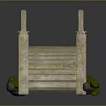 Arched Wooden Bridge With Rustic Railings And Green Accents On Dark Background