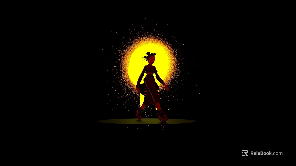 Stylish Woman Silhouette Walking With Bag Against Yellow Circular Glow And Sparkles 3d model 