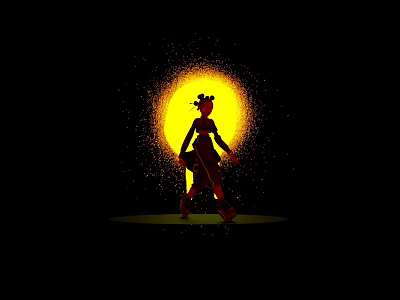 Stylish Woman Silhouette Walking With Bag Against Yellow Circular Glow And Sparkles 3d model