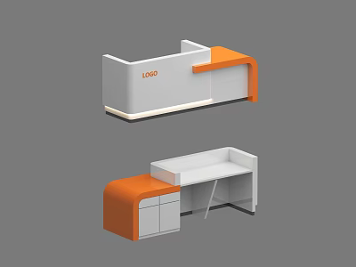 Modern Bar Counter Design With Orange White Cabinet And Logo Area 3d model
