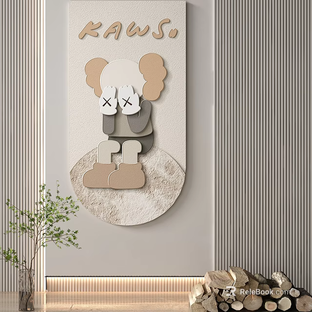 Modern Cartoon Wall Decor With X Eyes Sitting On Round Base And Vertical Striped Background 3d model 