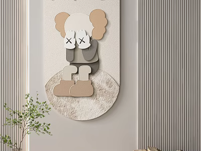 Modern Cartoon Wall Decor With X Eyes Sitting On Round Base And Vertical Striped Background 3d model