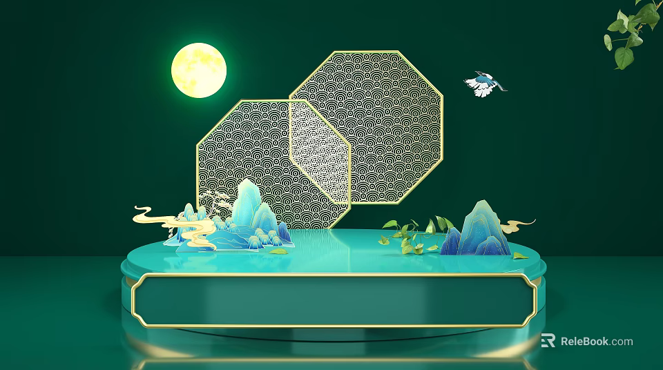 Green Background Featuring Yellow Moon Hexagonal Lattice Decorations Mountains Clouds And Flying Bird 3d model