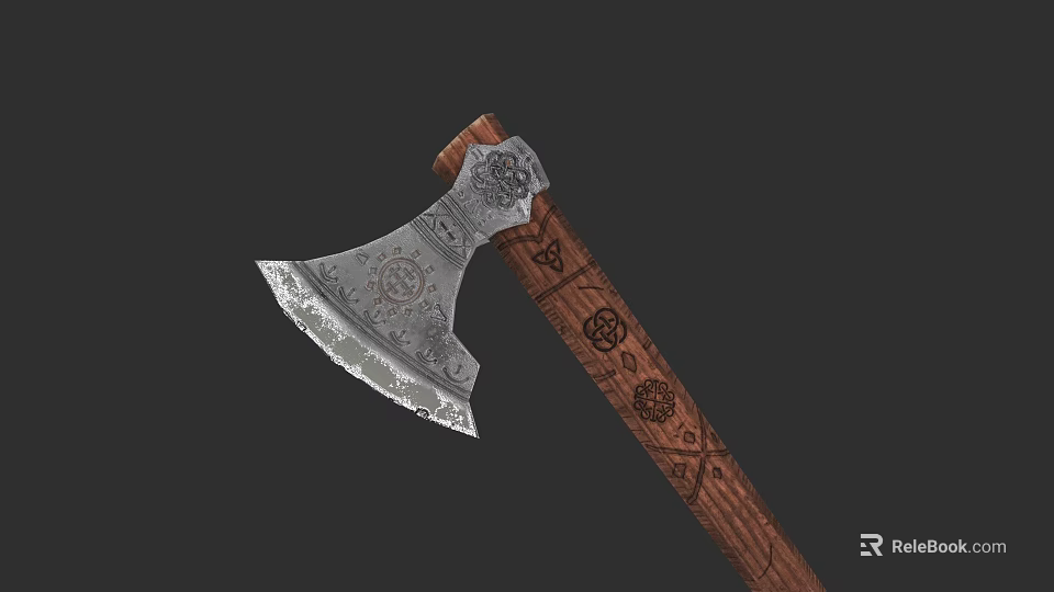 Decorative Traditional Axe With Intricate Metal Head And Carved Wooden Handle 3d model 