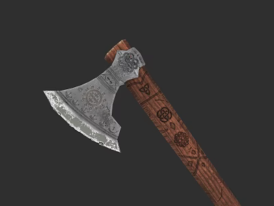 Decorative Traditional Axe With Intricate Metal Head And Carved Wooden Handle 3d model