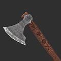 Decorative Traditional Axe With Intricate Metal Head And Carved Wooden Handle