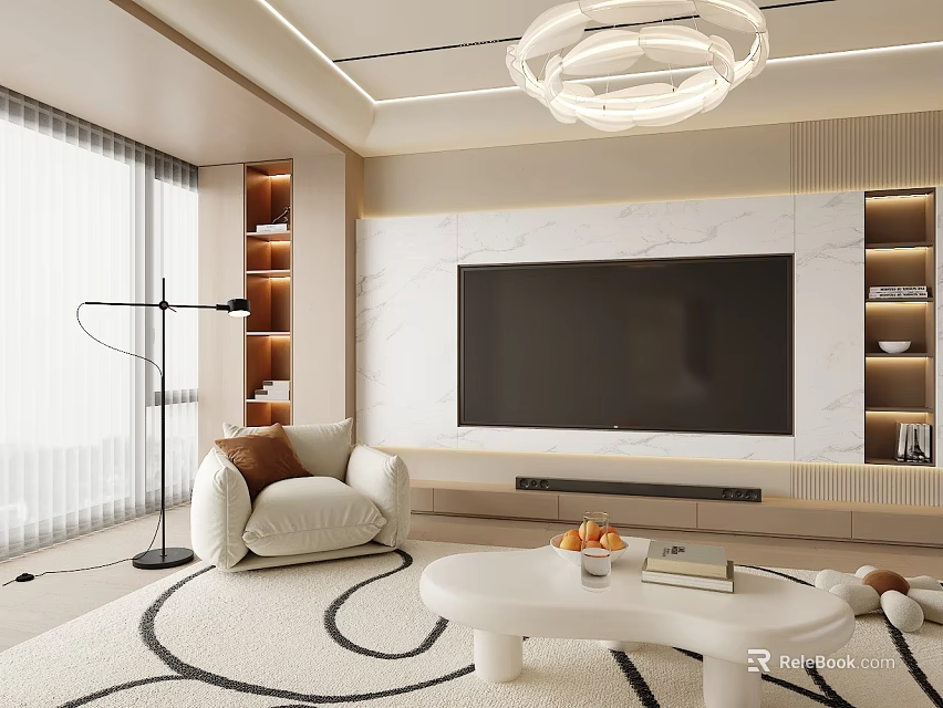 Modern Living Room Interior With Large TV White Sofa Round Coffee Table Bookshelves And Chandelier 3d model 