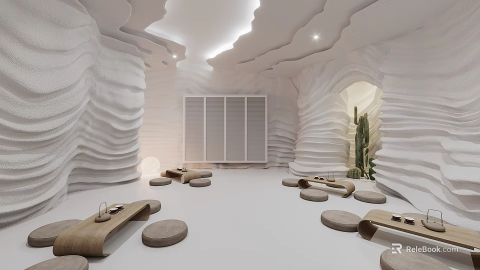 Serene SPA Sauna Interior With Wavy Walls Stone Seats And Wooden Tables 3d model 