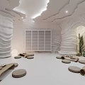 Serene SPA Sauna Interior With Wavy Walls Stone Seats And Wooden Tables