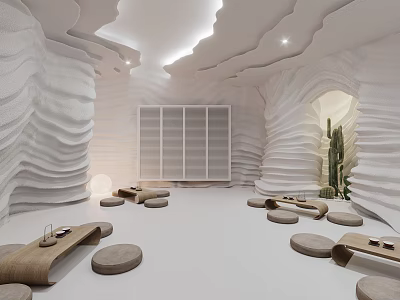 Serene SPA Sauna Interior With Wavy Walls Stone Seats And Wooden Tables 3d model