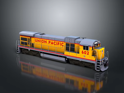 Union Pacific 602 Yellow And Gray Model Train With Reflective Surface 3d model