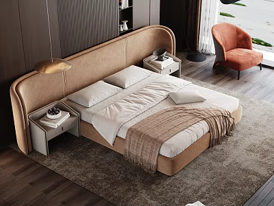 Modern Double Bed With Upholstered Headboard Bedside Tables And Throw Blanket 3d model
