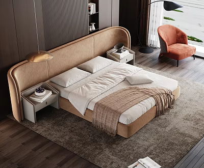 Modern Double Bed With Upholstered Headboard Bedside Tables And Throw Blanket 3d model