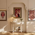 Traditional Framed Wall Decor with Central Portrait and Side Geometric Artworks in Elegant Room