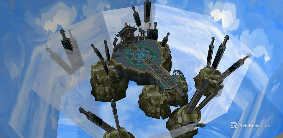 Floating Island With Chinese Style Pavilion Circular Platform And Tall Pillars In Cloudy Sky 3d model 