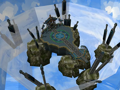 Floating Island With Chinese Style Pavilion Circular Platform And Tall Pillars In Cloudy Sky 3d model