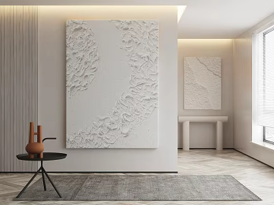 Modern Interior Space Featuring Large Textured Wall Art And Minimalist Decor 3d model