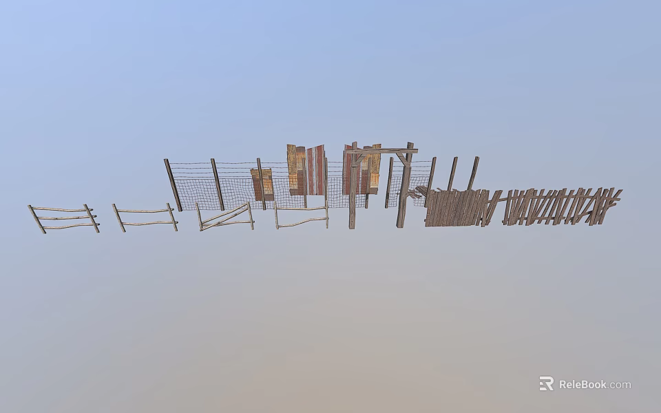 Wooden Fence Panels Metal Posts and Assorted Fence Components with Various Structures 3d model 