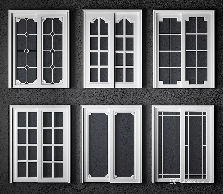 Different Design Sliding Doors Featuring White Frames and Glass Panels 3d model