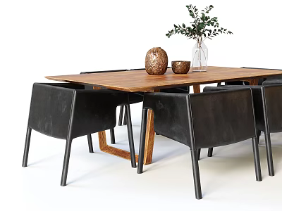 Wooden Dining Table Set With Black Chairs And Tabletop Greenery Decor Items 3d model