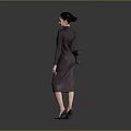 A Woman Wearing Dark Brown Dress Holding Handbag Standing In Gray Background With High Heels