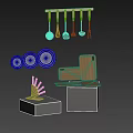 Kitchen Utensils Display With Plates Cutting Boards And Knife Block 3d model