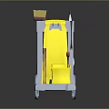 Practical Cleaning Cart With Yellow Bucket Blue Compartment Red Mop Wheels And Cleaning Supplies