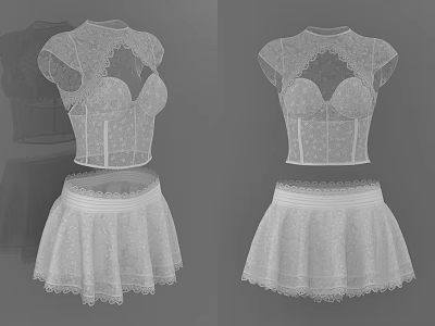White Lace Corset Top and Ruffle Skirt Set with Short Sleeves 3d model