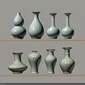 Celadon Colored Vases Decorative Ornament Set With Various Shapes On Wooden Shelves