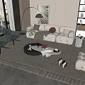 Modern White Sofa and Coffee Table Set with Green Cushions Floor Lamp and Accent Chairs