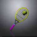 Tennis Racket with Yellow Frame Pink Handle and Green Tennis Ball on Dark Background