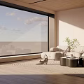 Modern Living Room With Plush Cream Sofa Round Coffee Tables Large Windows And Potted Plant