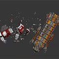 Cosmic Spacecraft Breaking Apart With Scattered Red White And Orange Debris